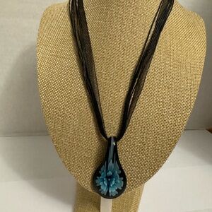 Blue Spring Floral Lampwork Glass Pendant Necklace